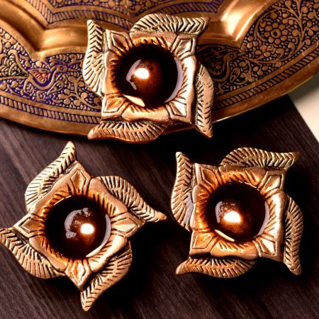 Traditional Brass Diyas In Swastika Shape Oil Lamp Pack of 3